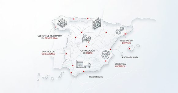 Mapa conceptual de sistemas SGA en España con iconos de logística y gestión de almacenes.