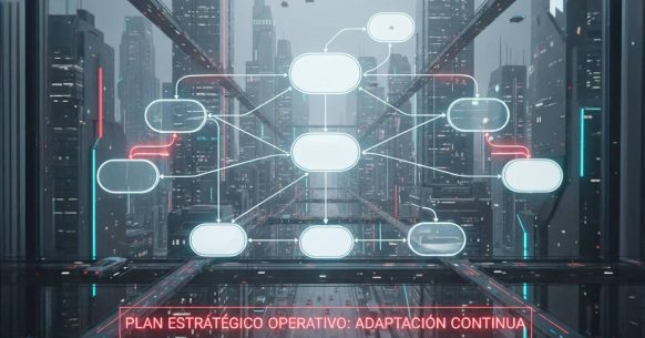 Diagrama futurista del Plan Estratégico Operativo como sistema integral y dinámico, mostrando la retroalimentación continua entre la Visión de Negocio (ROI), la Ejecución (KPIs) y la Inteligencia Artificial (IA) para la adaptación de la cadena de suministro.