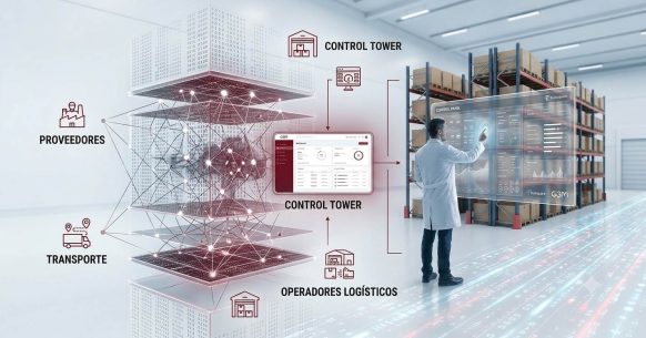 Infografía de la plataforma Tesisquare mostrando la integración de proveedores, transporte y operadores logísticos en una torre de control dentro de un almacén.